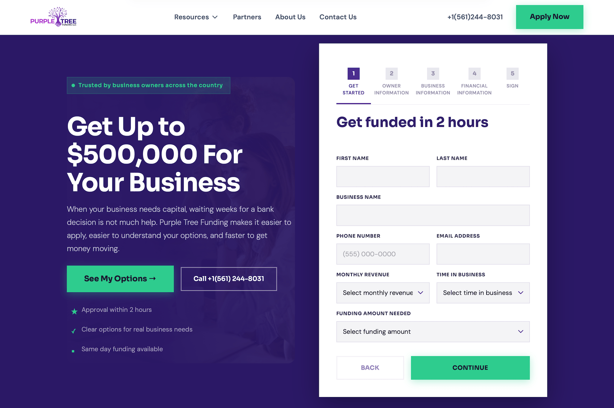 Purple Tree Funding homepage: Get Up to $500,000 for Your Business