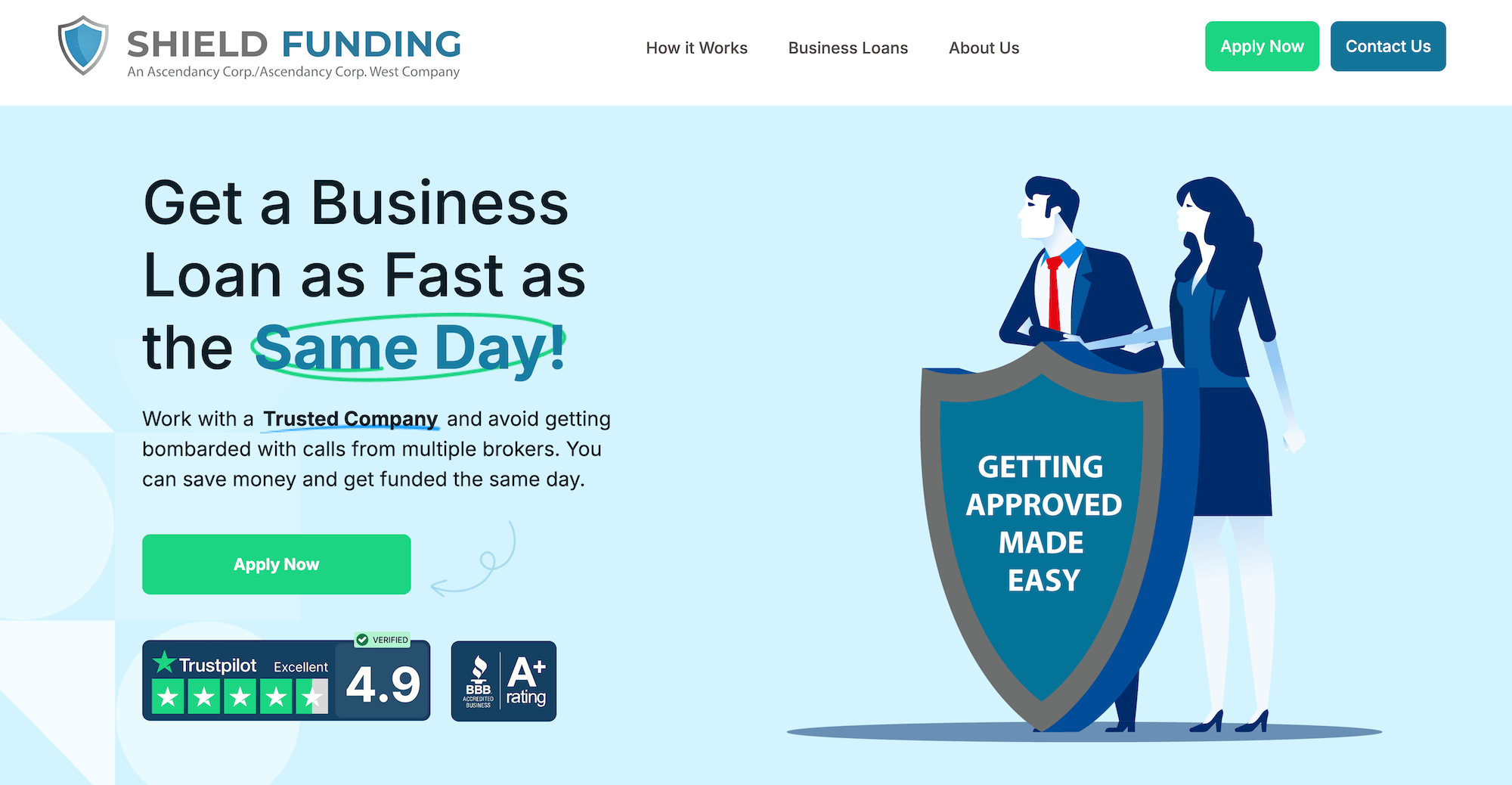 Shield Funding homepage: Get a Business Loan as Fast as the Same Day!